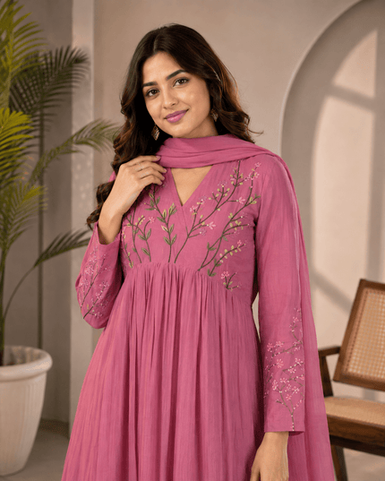 Banarasi Mul Chanderi Embroidered Suit Set | Festive Wear - Rosepetals Luxe