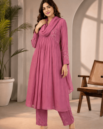 Banarasi Mul Chanderi Embroidered Suit Set | Festive Wear - Rosepetals Luxe