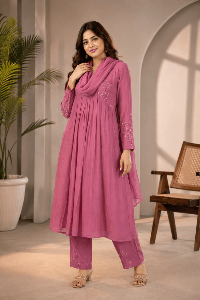 Banarasi Mul Chanderi Embroidered Suit Set | Festive Wear - Rosepetals Luxe