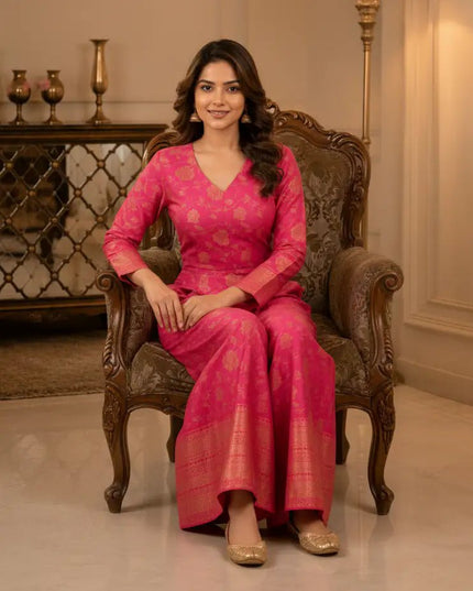 Banarasi Silk Jacquard Jumpsuit | Indo Western Festive & Party Wear - Rosepetals Luxe