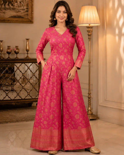 Banarasi Silk Jacquard Jumpsuit | Indo Western Festive & Party Wear - Rosepetals Luxe