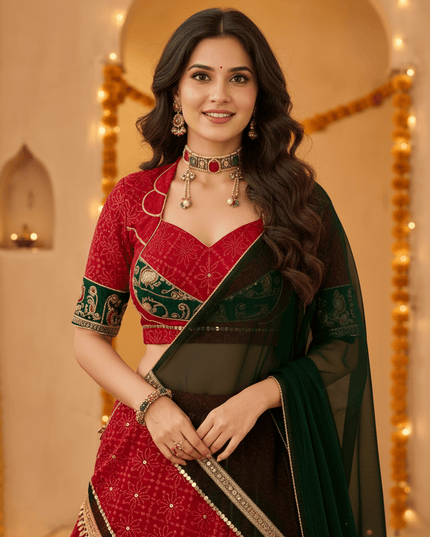 Bandhej Foil Print Georgette Lehenga Choli | Navratri Festive Wear - Rosepetals Luxe