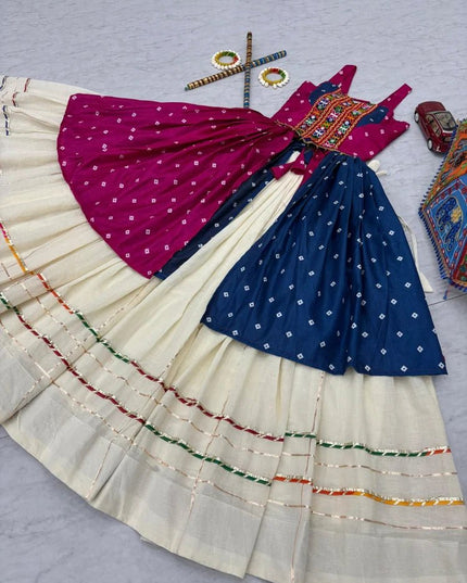 Bandhej Print Lehenga Choli with Gamathi & Real Mirror Work | Khadi Cotton | 6 Meter Flair | Navratri - Rosepetals Luxe