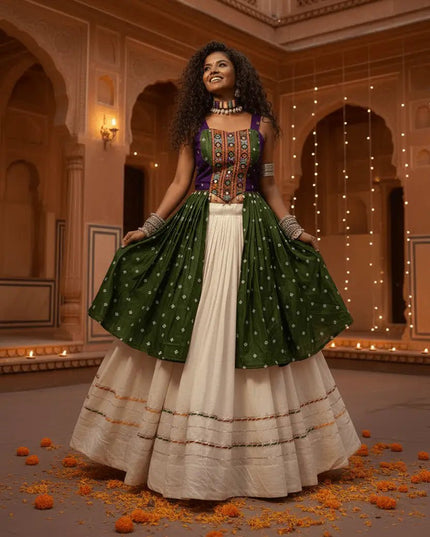 Bandhej Print Lehenga Choli with Gamathi & Real Mirror Work | Khadi Cotton | 6 Meter Flair | Navratri - Rosepetals Luxe