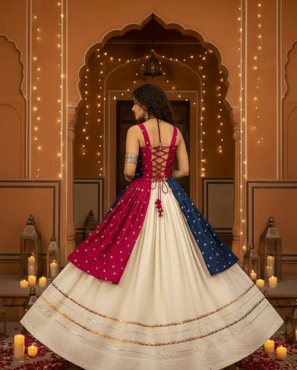 Bandhej Print Lehenga Choli with Gamathi & Real Mirror Work | Khadi Cotton | 6 Meter Flair | Navratri - Rosepetals Luxe