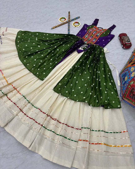 Bandhej Print Lehenga Choli with Gamathi & Real Mirror Work | Khadi Cotton | 6 Meter Flair | Navratri - Rosepetals Luxe