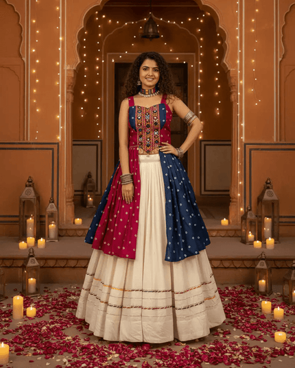Bandhej Print Lehenga Choli with Gamathi & Real Mirror Work | Khadi Cotton | 6 Meter Flair | Navratri - Rosepetals Luxe