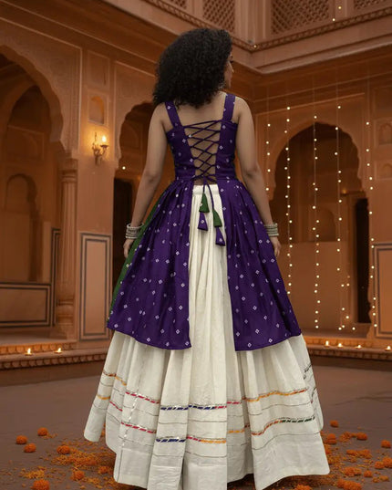 Bandhej Print Lehenga Choli with Gamathi & Real Mirror Work | Khadi Cotton | 6 Meter Flair | Navratri - Rosepetals Luxe