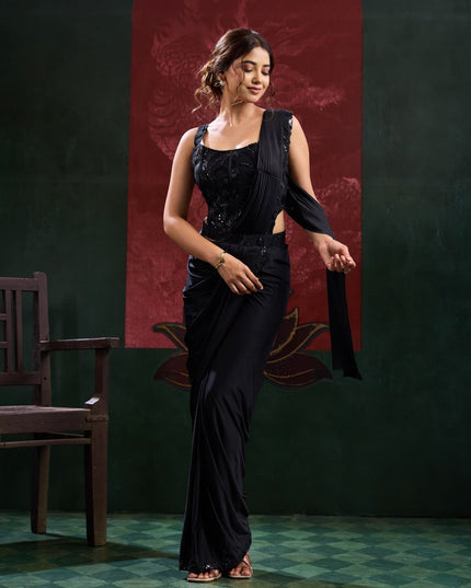 Beadwork Lycra Ready-to-Wear Saree with Blouse - Rosepetals Luxe