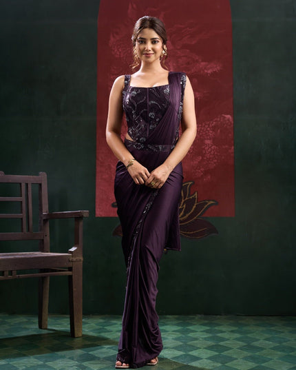 Beadwork Lycra Ready-to-Wear Saree with Blouse - Rosepetals Luxe