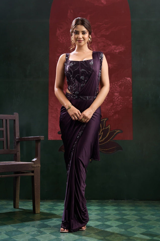 Beadwork Lycra Ready-to-Wear Saree with Blouse - Rosepetals Luxe