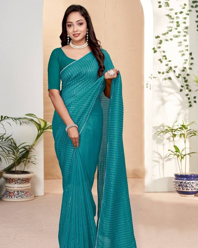 Beautiful Embroidery Sequence Saree in Heavy Vichitra Silk - Rosepetals Luxe