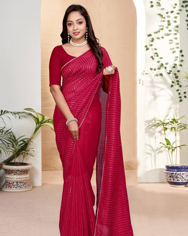 Beautiful Embroidery Sequence Saree in Heavy Vichitra Silk - Rosepetals Luxe