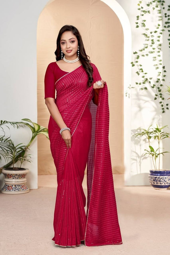 Beautiful Embroidery Sequence Saree in Heavy Vichitra Silk - Rosepetals Luxe