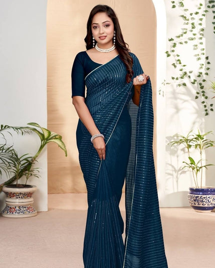 Beautiful Embroidery Sequence Saree in Heavy Vichitra Silk - Rosepetals Luxe