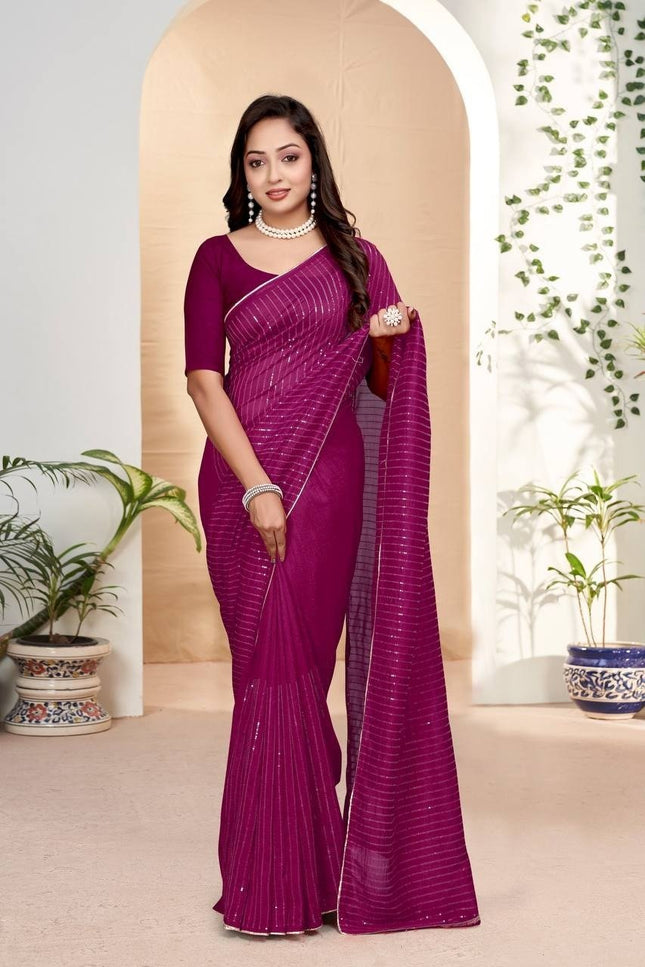 Beautiful Embroidery Sequence Saree in Heavy Vichitra Silk - Rosepetals Luxe