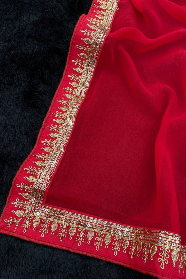 Beautiful Sequence Red Saree Collection in Georgette with Embroidery and Lace Piping - Rosepetals Luxe