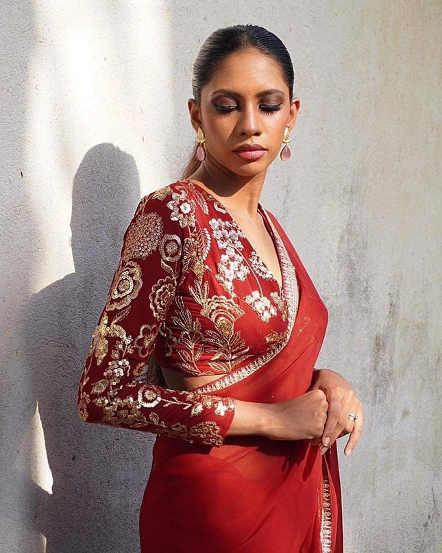 Beautiful Sequence Red Saree Collection in Georgette with Embroidery and Lace Piping - Rosepetals Luxe