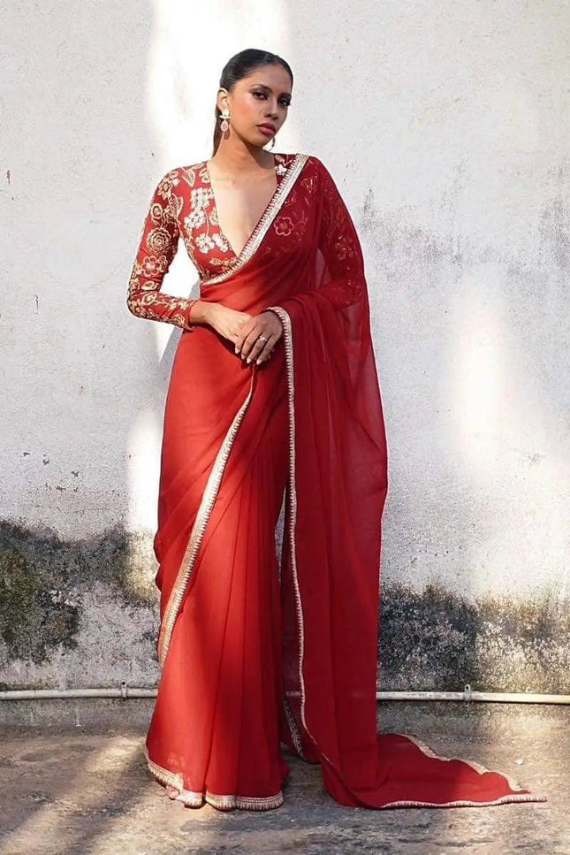 Beautiful Sequence Red Saree Collection in Georgette with Embroidery and Lace Piping - Rosepetals Luxe