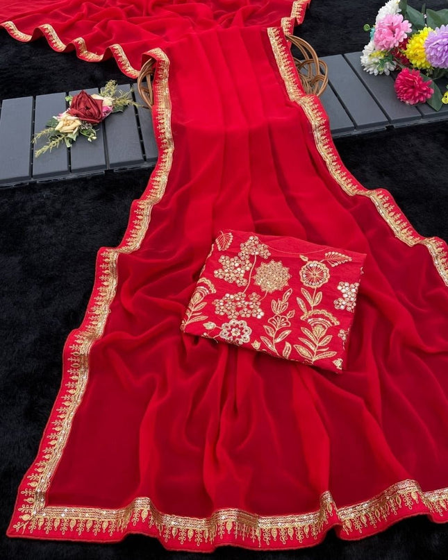 Beautiful Sequence Red Saree Collection in Georgette with Embroidery and Lace Piping - Rosepetals Luxe
