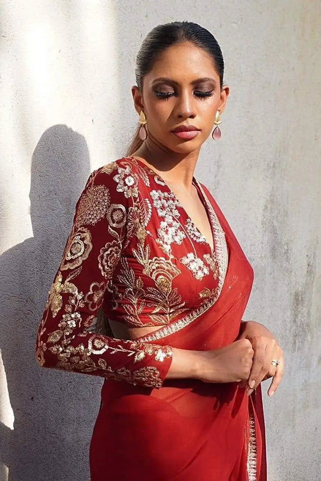 Beautiful Sequence Red Saree Collection in Georgette with Embroidery and Lace Piping - Rosepetals Luxe