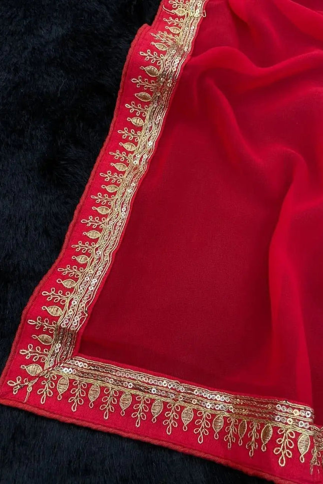 Beautiful Sequence Red Saree Collection in Georgette with Embroidery and Lace Piping - Rosepetals Luxe