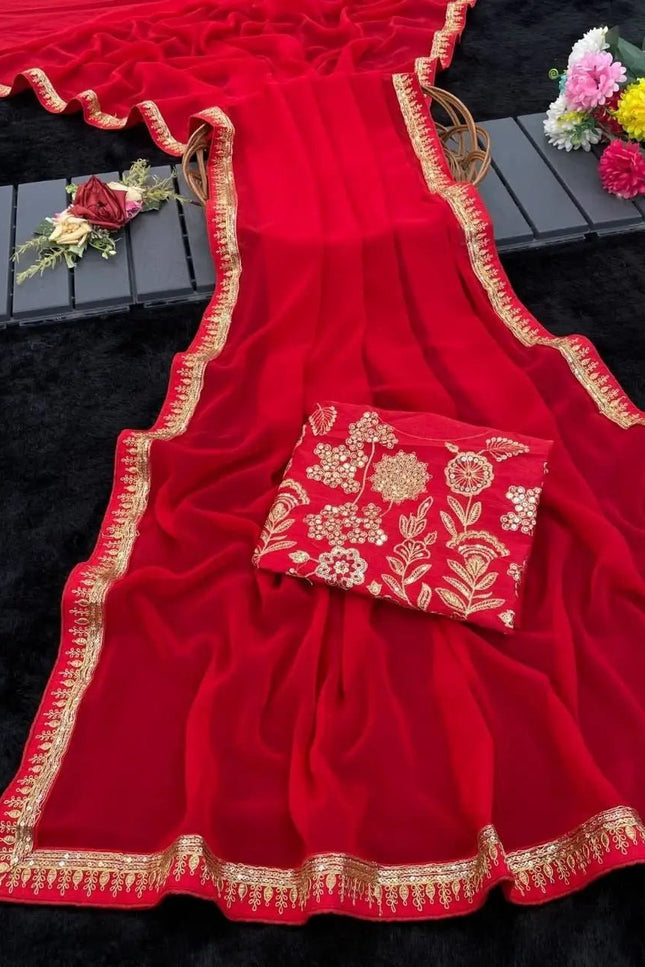 Beautiful Sequence Red Saree Collection in Georgette with Embroidery and Lace Piping - Rosepetals Luxe