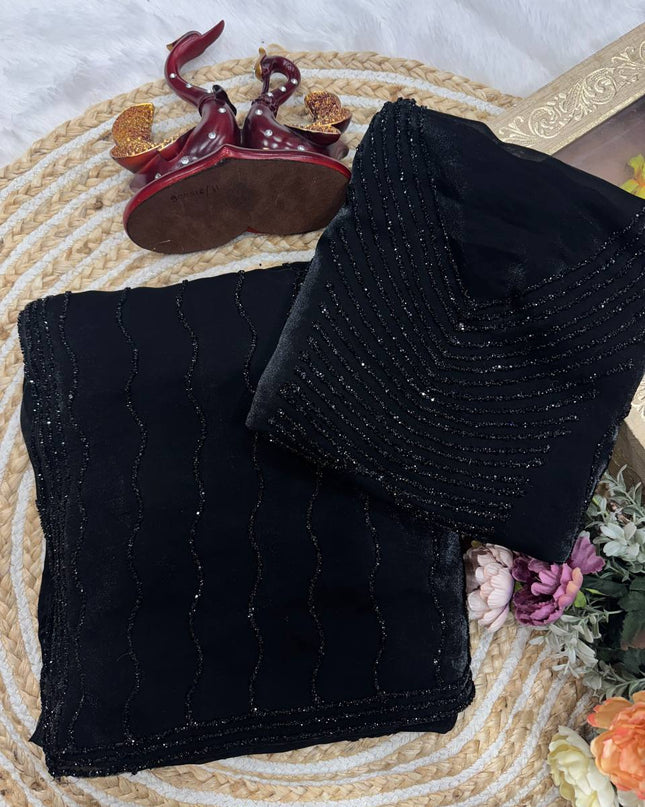 Black Affordable Luxury pace Silk Saree with Beautiful Handcrafted Diamond Work - Rosepetals Luxe