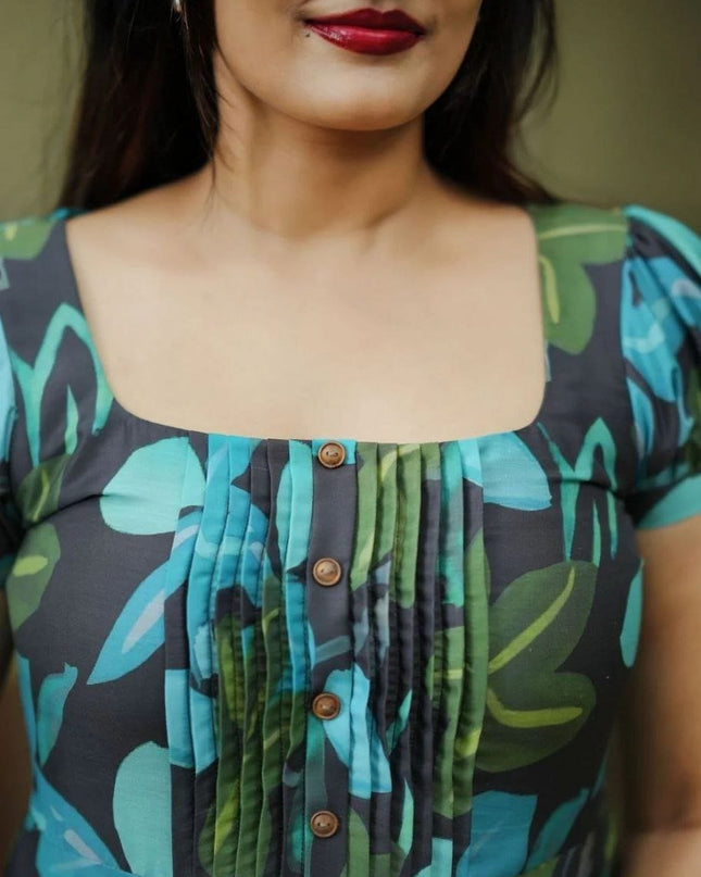 Black Blue & Green Abstract Print Muslin Flared Dress | Puffed Sleeves - Rosepetals Luxe