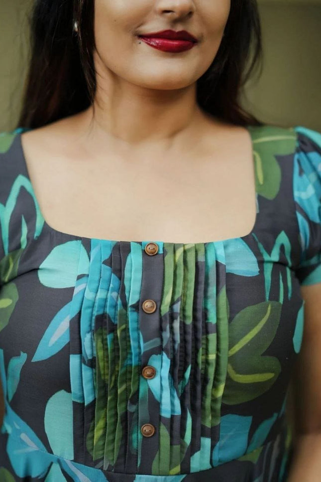 Black Blue & Green Abstract Print Muslin Flared Dress | Puffed Sleeves - Rosepetals Luxe