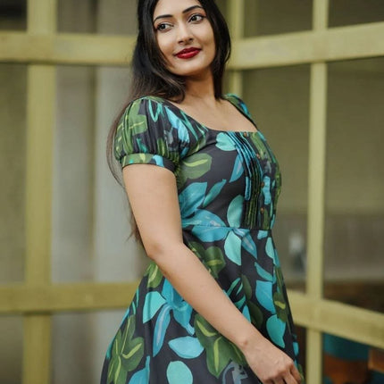 Black Blue & Green Abstract Print Muslin Flared Dress | Puffed Sleeves - Rosepetals Luxe