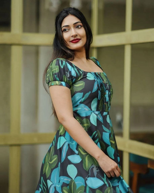 Black Blue & Green Abstract Print Muslin Flared Dress | Puffed Sleeves - Rosepetals Luxe