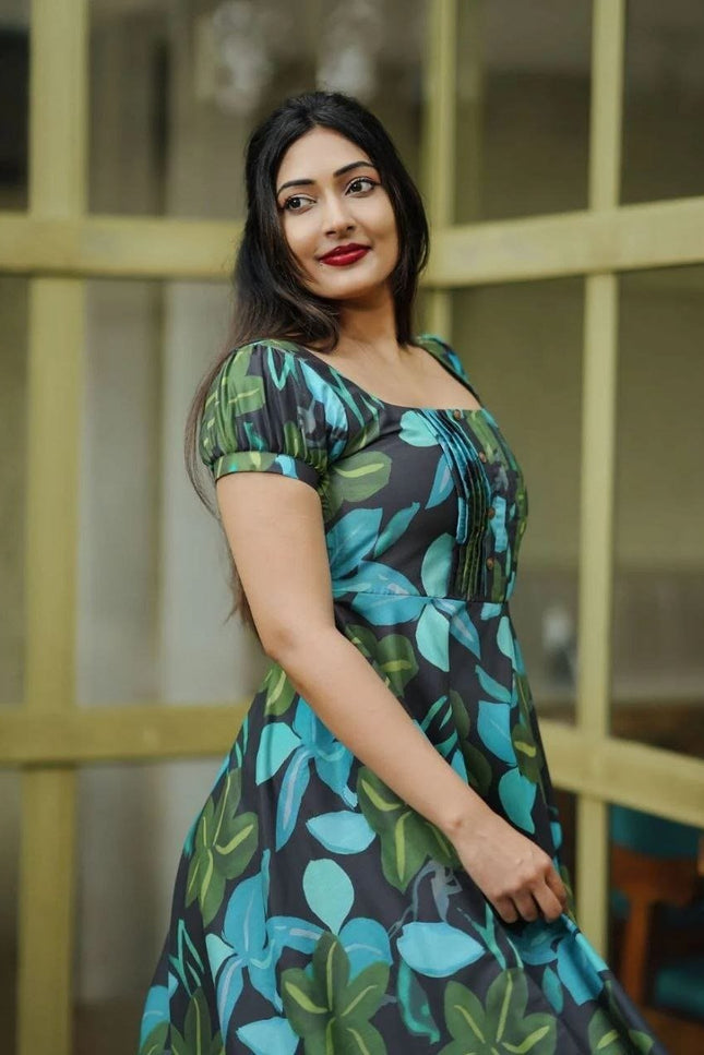 Black Blue & Green Abstract Print Muslin Flared Dress | Puffed Sleeves - Rosepetals Luxe