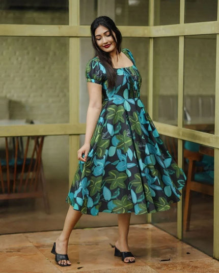 Black Blue & Green Abstract Print Muslin Flared Dress | Puffed Sleeves - Rosepetals Luxe