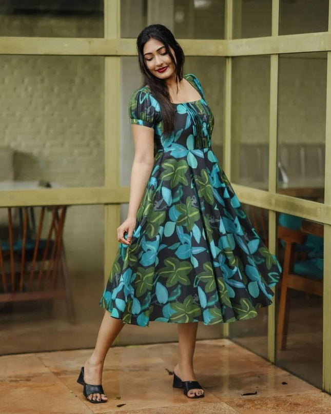 Black Blue & Green Abstract Print Muslin Flared Dress | Puffed Sleeves - Rosepetals Luxe