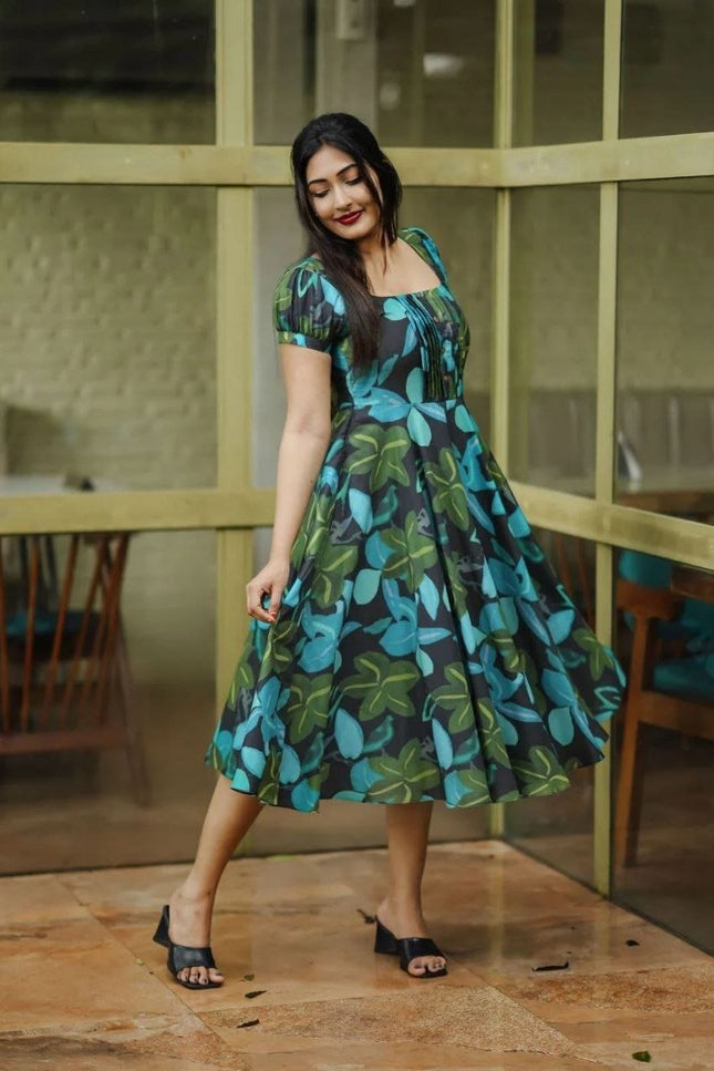 Black Blue & Green Abstract Print Muslin Flared Dress | Puffed Sleeves - Rosepetals Luxe
