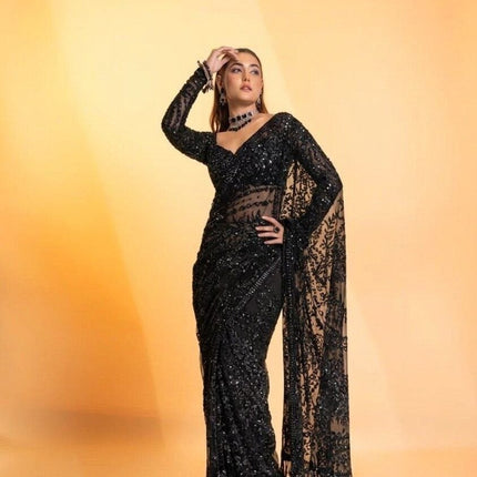 Black Butterfly Net Heavy Sequins Saree with Embroidered Net Blouse - Rosepetals Luxe