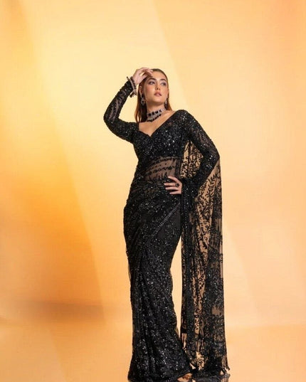 Black Butterfly Net Heavy Sequins Saree with Embroidered Net Blouse - Rosepetals Luxe