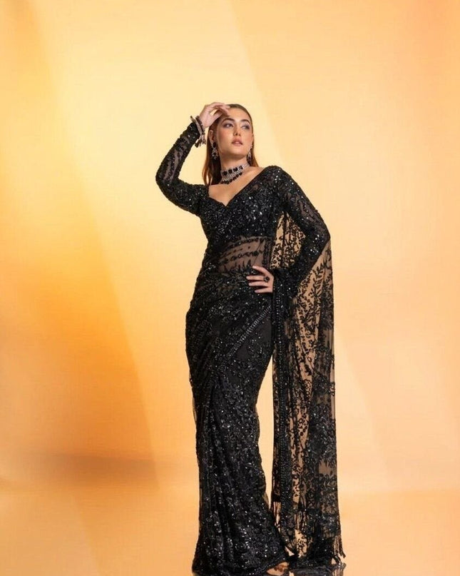 Black Butterfly Net Heavy Sequins Saree with Embroidered Net Blouse - Rosepetals Luxe