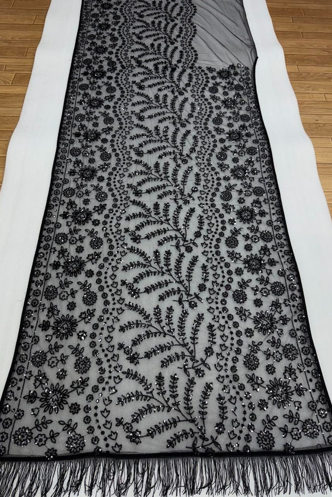 Black Butterfly Net Heavy Sequins Saree with Embroidered Net Blouse - Rosepetals Luxe