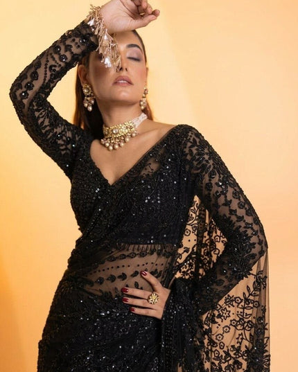 Black Butterfly Net Heavy Sequins Saree with Embroidered Net Blouse - Rosepetals Luxe