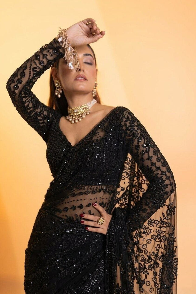 Black Butterfly Net Heavy Sequins Saree with Embroidered Net Blouse - Rosepetals Luxe