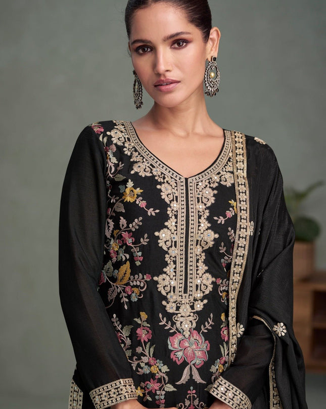 Black Chinon Embroidered Kurta Palazzo Set with Dupatta - Rosepetals Luxe