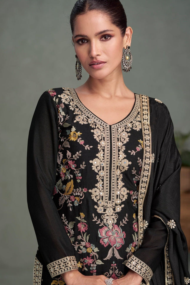 Black Chinon Embroidered Kurta Palazzo Set with Dupatta - Rosepetals Luxe