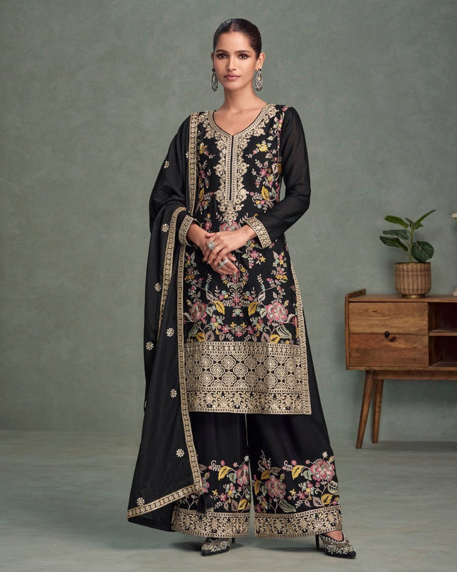 Black Chinon Embroidered Kurta Palazzo Set with Dupatta - Rosepetals Luxe