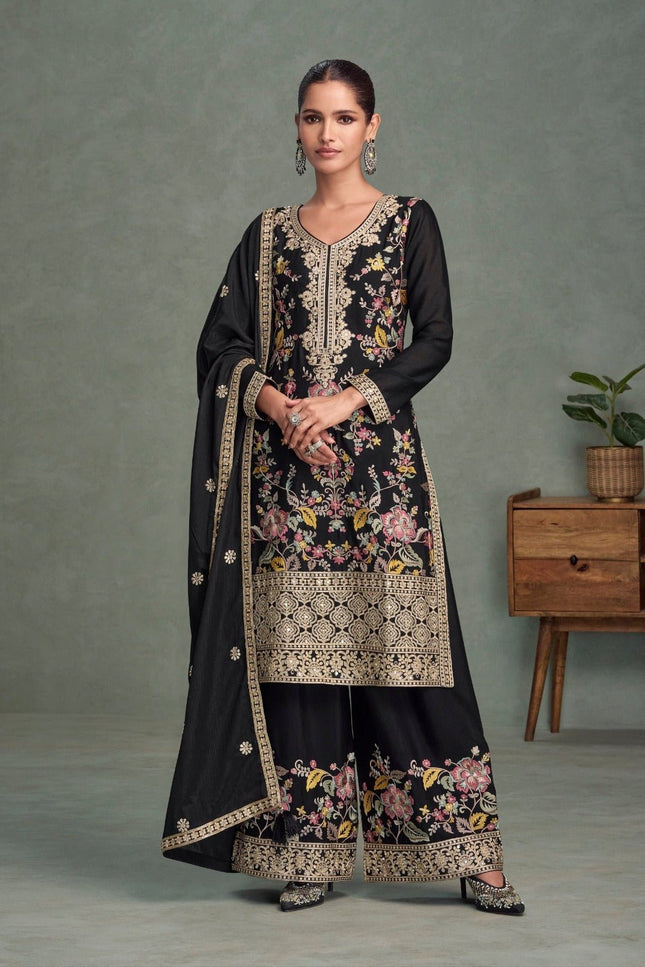 Black Chinon Embroidered Kurta Palazzo Set with Dupatta - Rosepetals Luxe