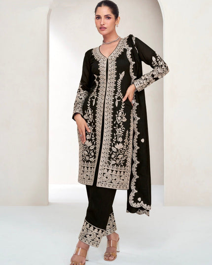 Black Chinon Embroidered Kurta Pant Set - Rosepetals Luxe