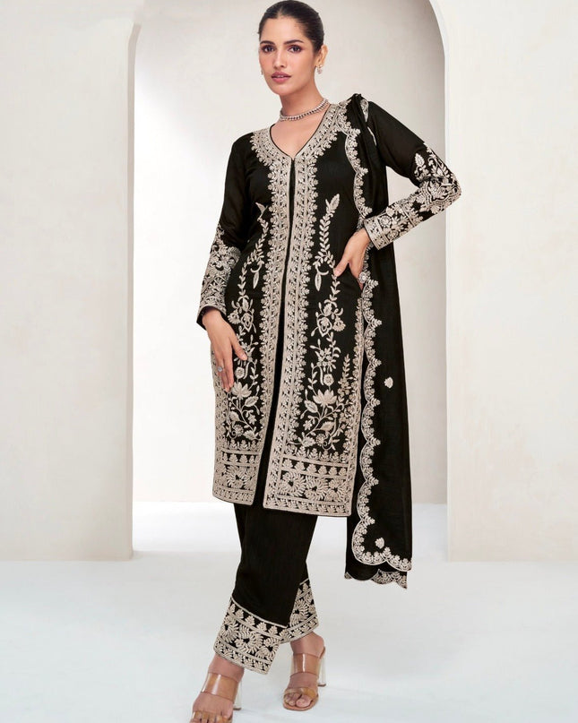Black Chinon Embroidered Kurta Pant Set - Rosepetals Luxe