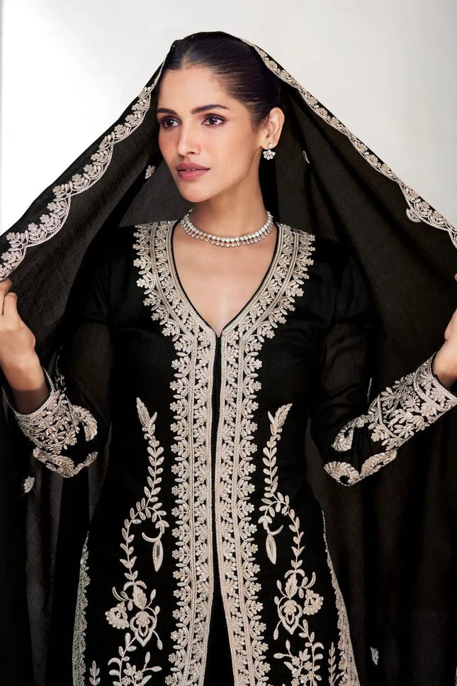 Black Chinon Embroidered Kurta Pant Set - Rosepetals Luxe