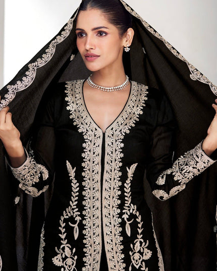 Black Chinon Embroidered Kurta Pant Set - Rosepetals Luxe
